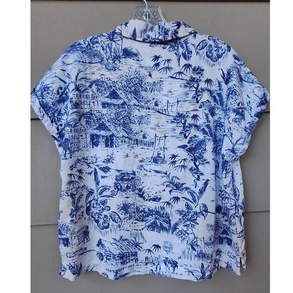 J Joie 100% Linen Short Sleeves Boxy Tropical Hawaiian Shirt Blue White Size M - Picture 3 of 8